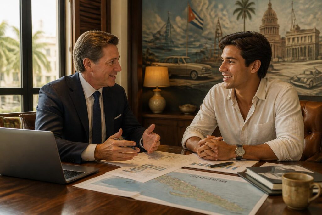 un homme d'affaires américain rencontre le petit-fils de raúl castro à cuba pour discuter de nouvelles opportunités économiques et renforcer les relations commerciales.