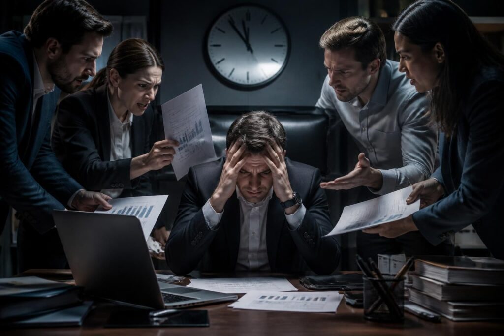 explorez les défis du management moderne, où chaque décision est remise en question, transformant le challenge en une source constante de pression pour les leaders.