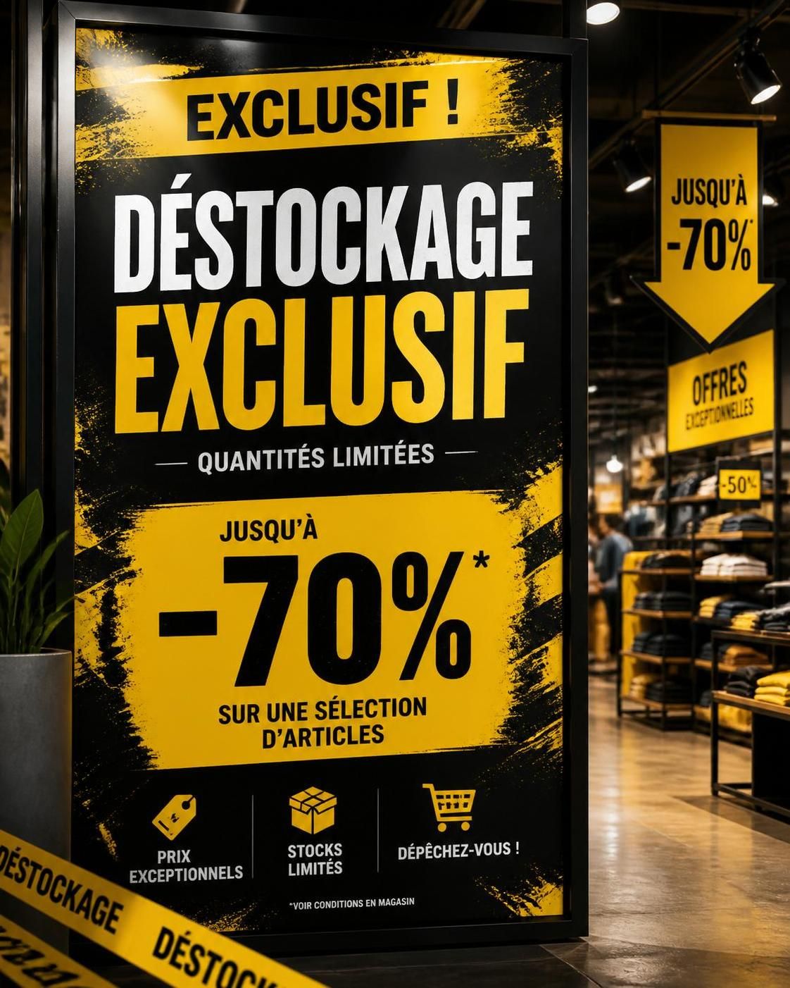 découvrez nos offres exceptionnelles avec notre affiche de déstockage exclusive et profitez des meilleurs prix dès maintenant.