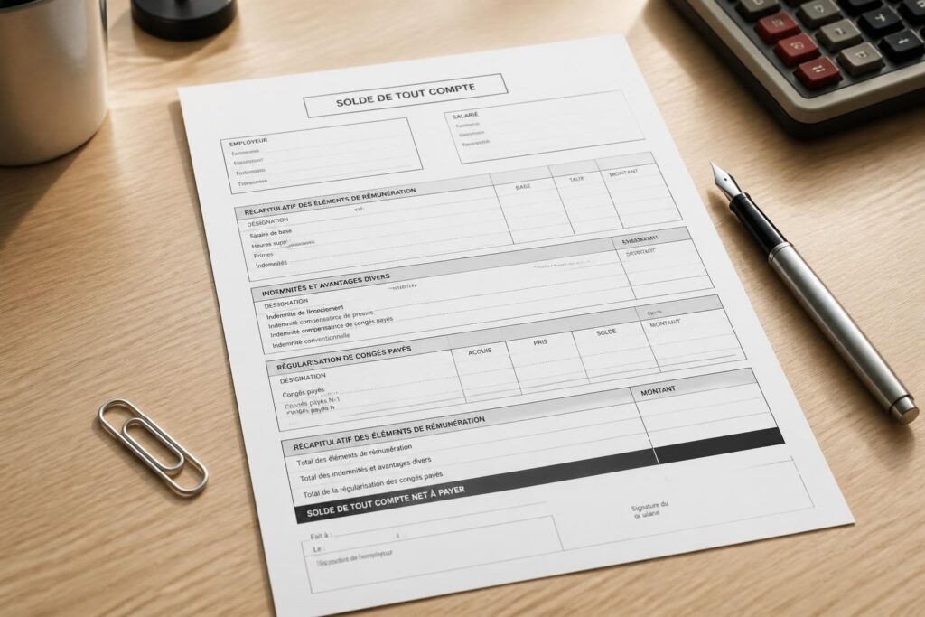 découvrez un exemple de document de solde de tout compte et les lignes essentielles à inclure pour garantir un accord clair et complet entre employeur et salarié.